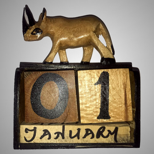 A handmade African calendar featuring a rhino, sold in the Isaac's House charity shop.