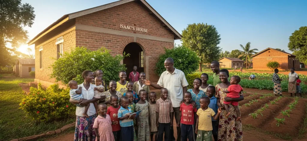 A group of happy Ugandan children smiling, representing the community supported by Isaac's House.